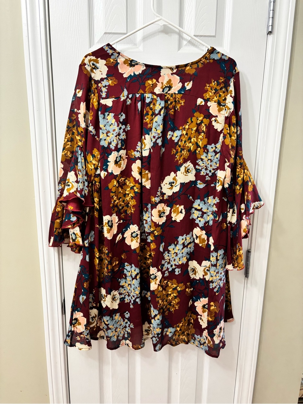 Umgee Floral Print Ruffle Sleeve Shift Dress Women’s Size XL Fall Burgendy - Picture 7 of 7